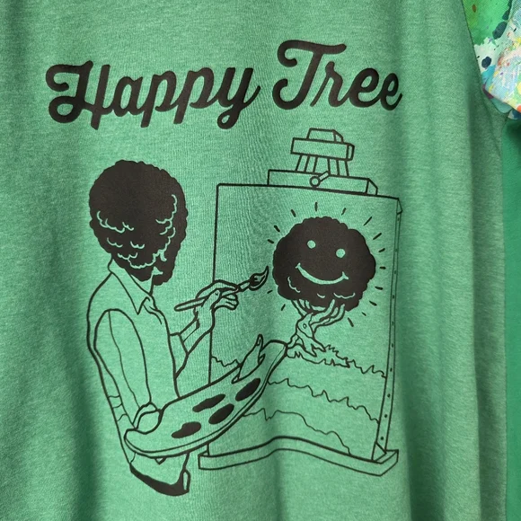 Bob Ross Happy Tree Graphic Tee Tie Dye Sleeve Top - Picture 3 of 9